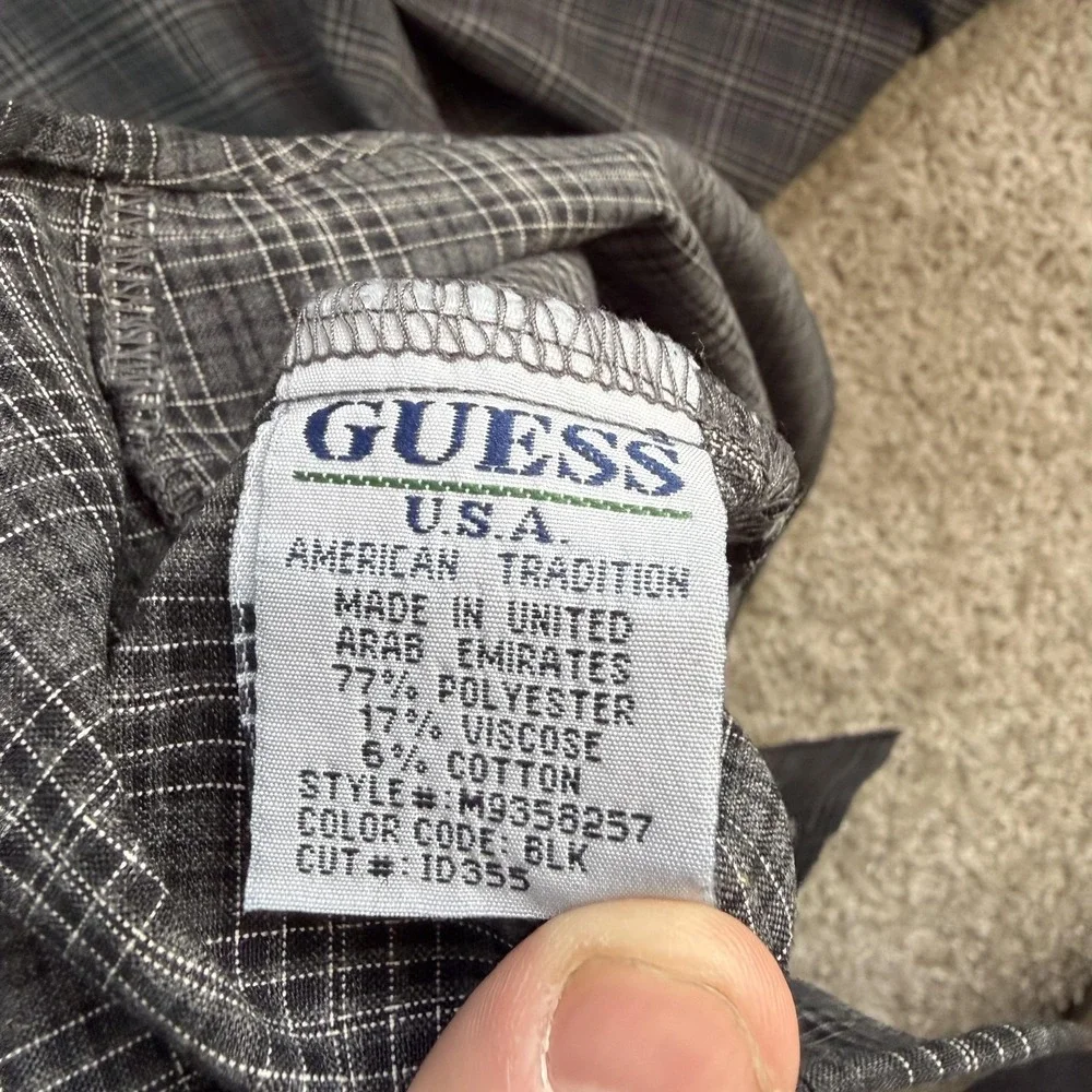 GUESS Jeans Shirt Mens Large Black Check Long Sleeve Button Up Casual Poly Blend